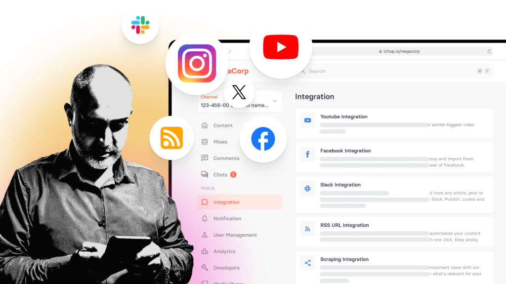 User with smarphone and illustration of tchop dashboard
